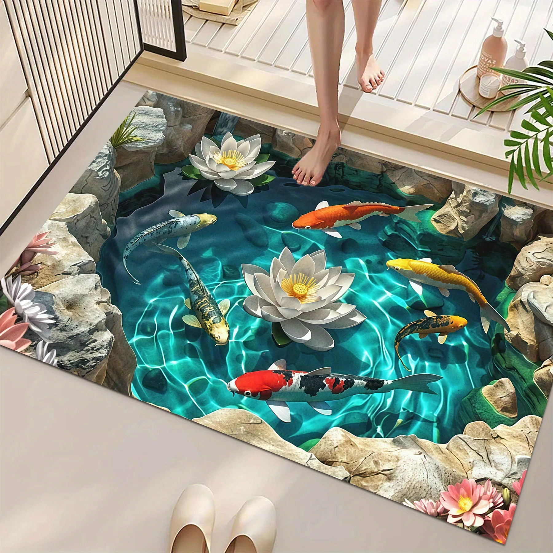Planted Aquarium Carpet Plant - 2D 잉어와 연꽃 욕실 매트 미끄럼